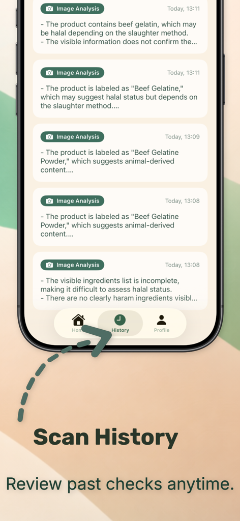 Halal Check: AI Food Scanner - A mobile screen showing the scan history feature of the Halal Check app with previous ingredient analysis results