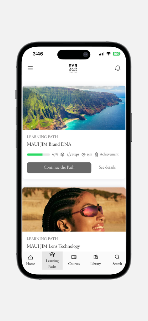 Eyelearn Kering Eyewear - Eyelearn Kering Eyewear mobile app displaying learning paths for Maui Jim brand DNA and lens technology.