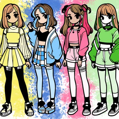 one girl with crop-top shirt and a jacket with a skirt, long socks and another girl with a shirt and pants with a jacket