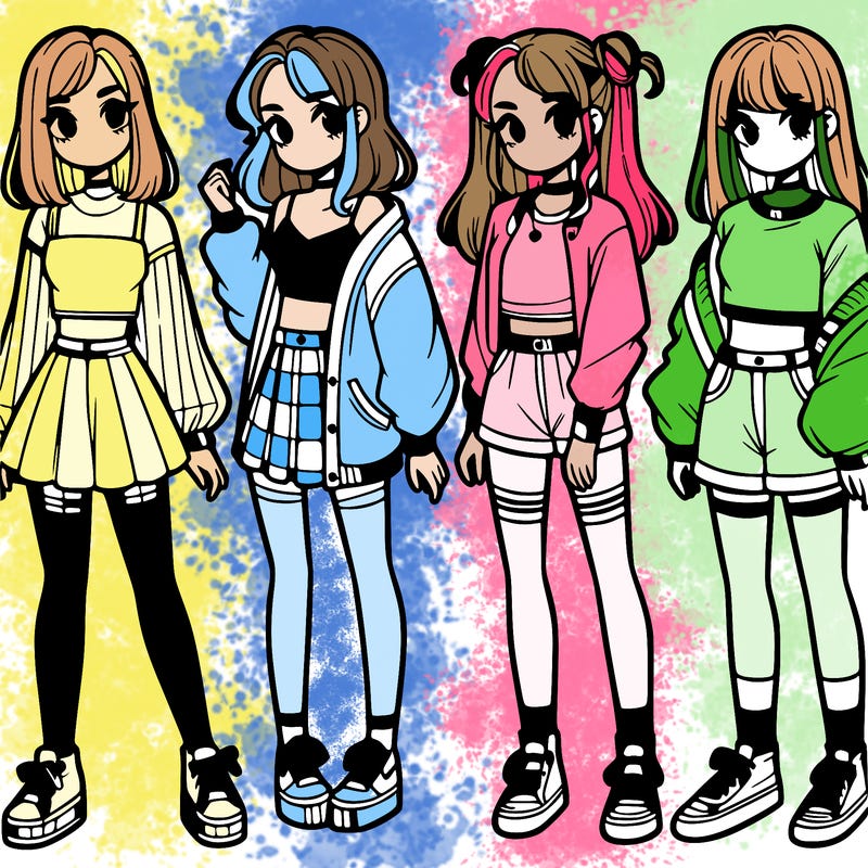 one girl with crop-top shirt and a jacket with a skirt, long socks and another girl with a shirt and pants with a jacket