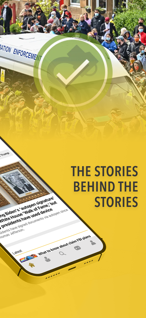 Snopes - A smartphone showing the Snopes app interface with the slogan The stories behind the stories