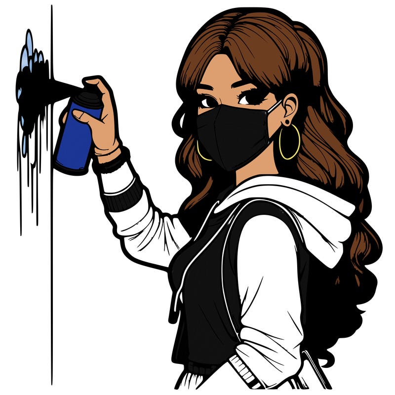 realistic girl with mask spray painting a wall