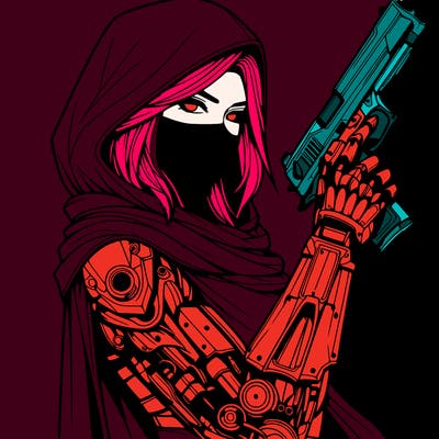 realistic female assassin with metal arm with a cape holding a gun