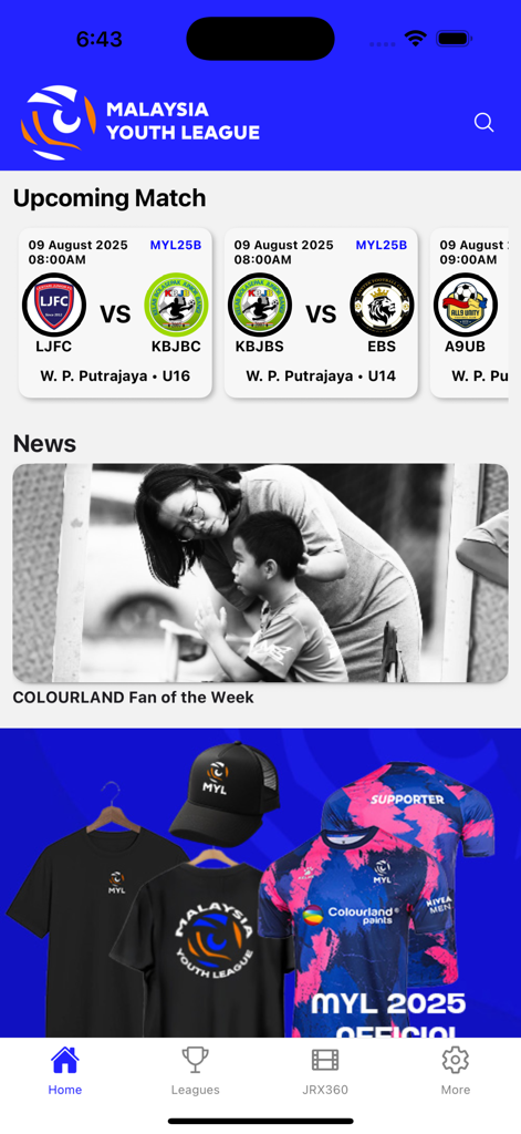 Malaysia Youth League - Malaysia Youth League app home screen showing upcoming matches and sports news