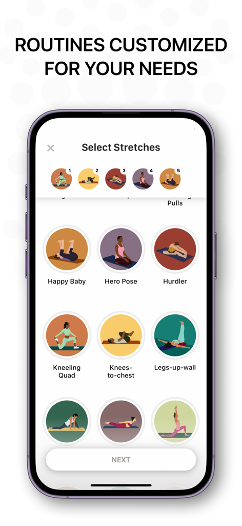 Bend: Stretching & Flexibility - Interfaz de la app Bend que muestra varios ejercicios de estiramiento ilustrados para una rutina personalizada