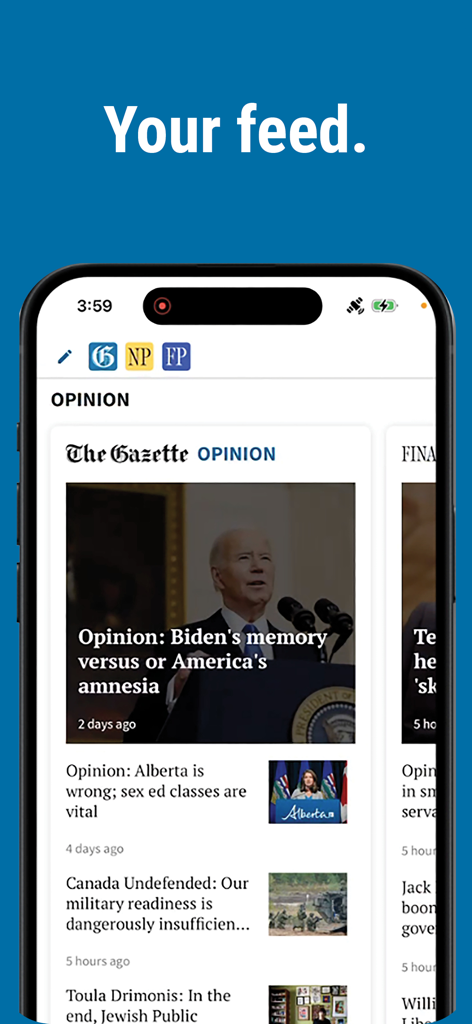Feed di notizie personalizzato e sezione opinioni dell'app Montreal Gazette