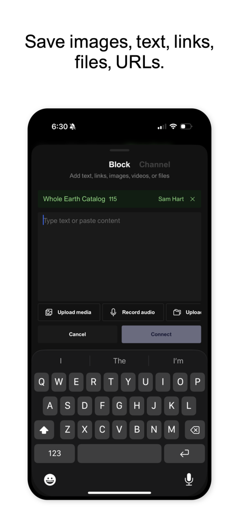 Are.na - Interface of the Are.na mobile app showing a screen to save and organize text links images and files into blocks.