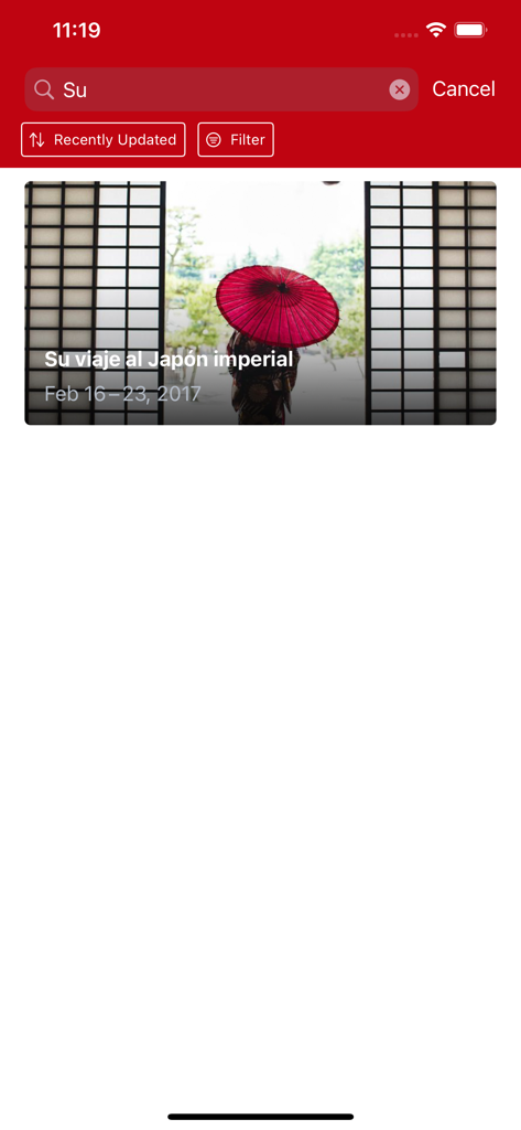 Mobile app screen showing a search results page for a personal travel itinerary to Japan with a red header and travel card image.
