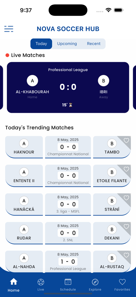 Nova Soccer Hub home screen showing live football scores and trending matches