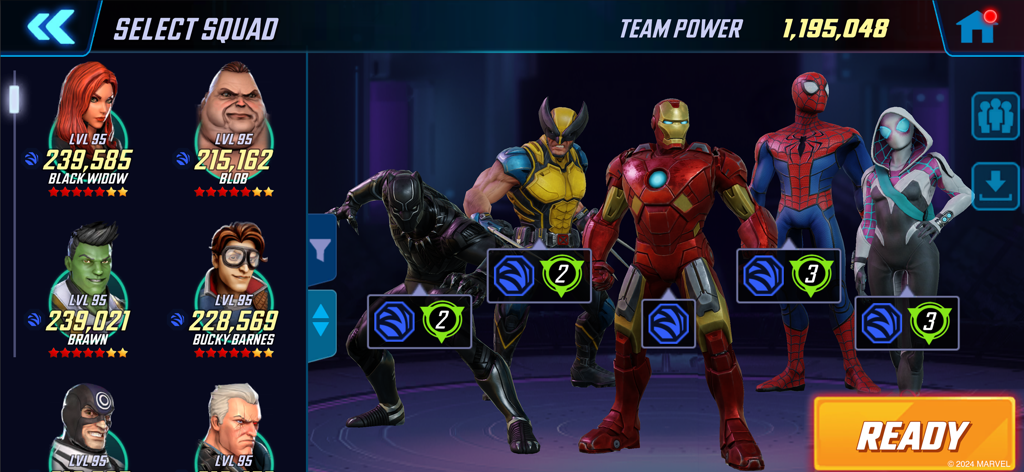 Marvel Strike Force squad selection screen featuring Iron Man Spider-Man and Wolverine with character power stats