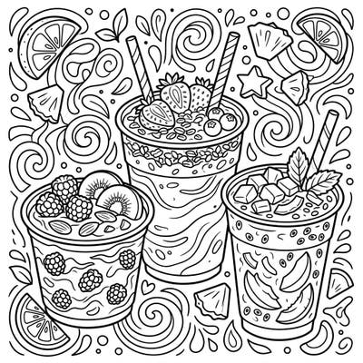 Dive into a refreshing world with this vibrant coloring page featuring three delicious yogurt smoothies, each bursting with different fruits and toppings. Perfect for coloring enthusiasts of all ages, this intricate design offers a delightful escape into a fruity fantasy.