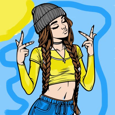 realistic teenage girl with braids and a beanie and crop top doing 🫶🏼