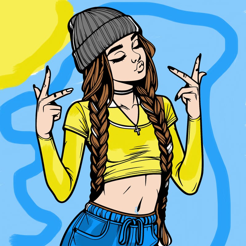 realistic teenage girl with braids and a beanie and crop top doing 🫶🏼