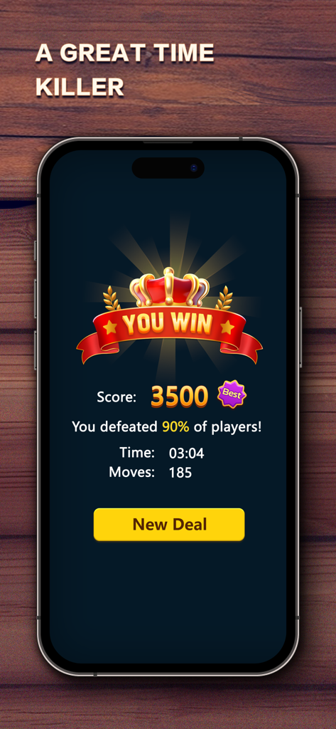 Solitaire Master winning screen showing player score and statistics on a smartphone