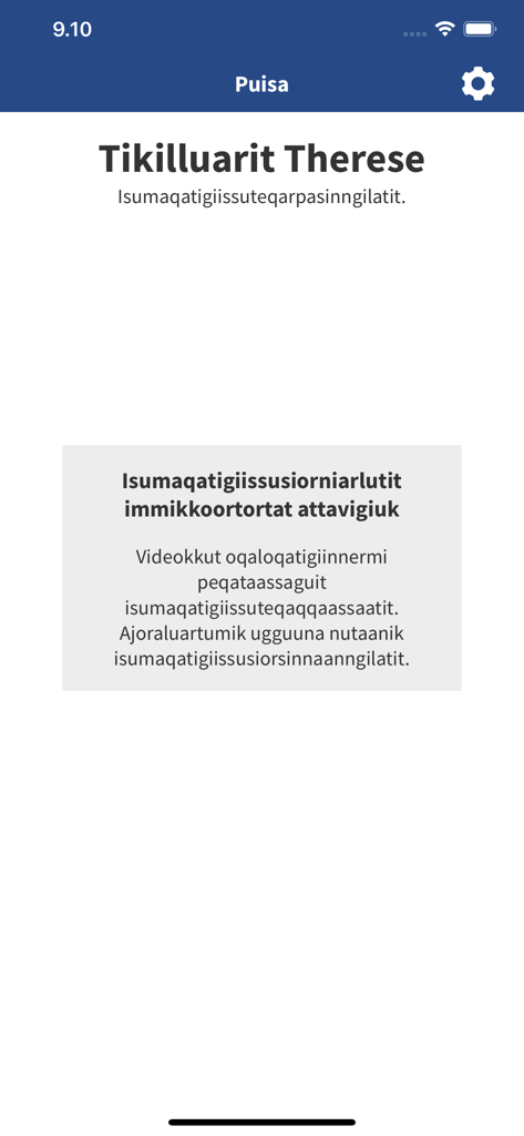 Welcome screen of the Puisa telehealth app in Greenlandic showing user greeting and appointment information