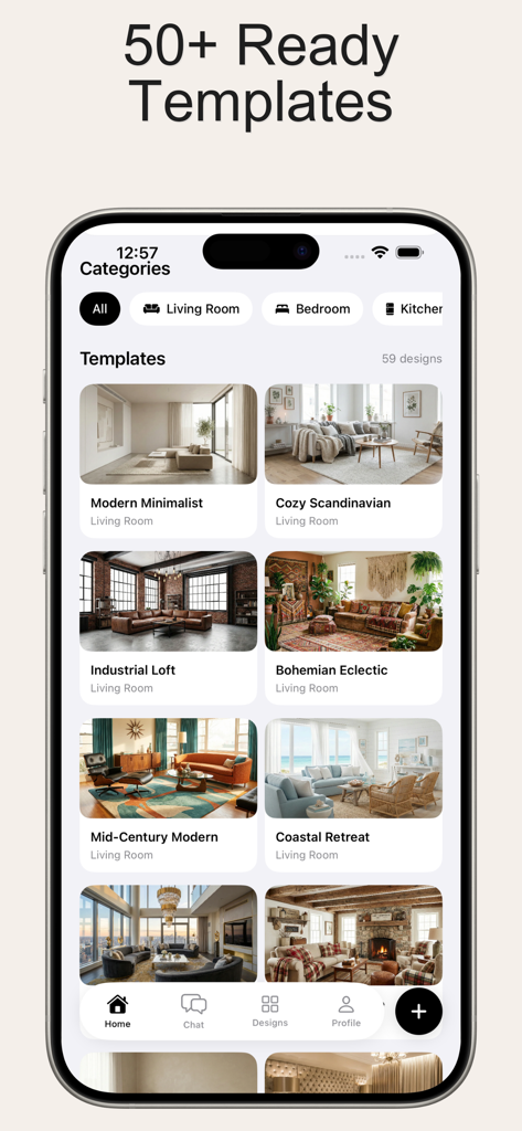 AI Home Design - Room Decor - A mobile app interface displaying various interior design templates including modern minimalist and bohemian eclectic styles