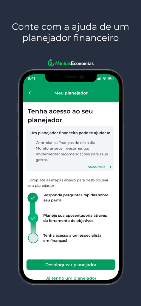 Interface do aplicativo móvel Minhas Economias mostrando as etapas de integração do planejador financeiro.