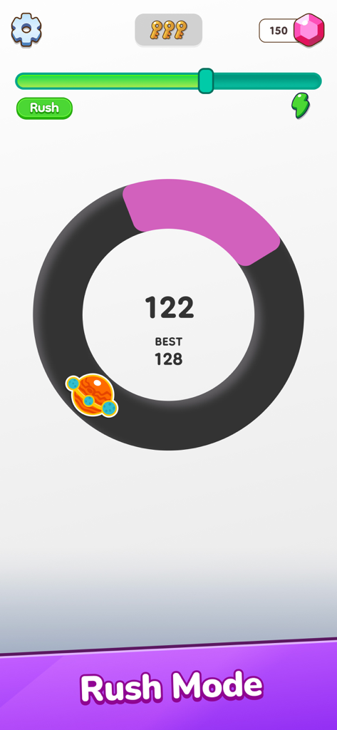 Tap on Time! - Tap on Time mobile game screen showing Rush Mode with a planet avatar on a circular track and a score of 122