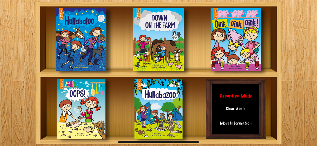 A virtual wooden bookshelf displaying five Pip and Tim children's stories for phonics learning