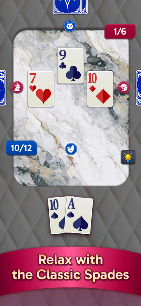 Spades Stars - Card Game - Captura de tela de jogabilidade mobile do Spades Stars mostrando cartas em uma mesa com textura de mármore com o texto Relaxe com o Spades Clássico