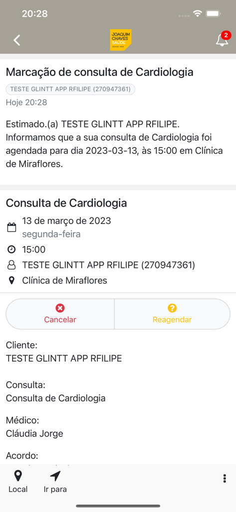 JCS - Joaquim Chaves Saúde - Ecrã de confirmação de consulta de cardiologia na aplicação móvel JCS Joaquim Chaves Saude mostrando data, hora e localização da clínica.