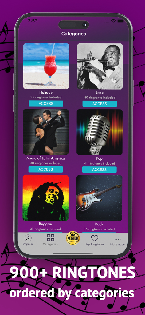 Best Ringtones 2026, Top Music - Interface de aplicativo móvel mostrando categorias de toques incluindo música Pop Rock Jazz e Reggae