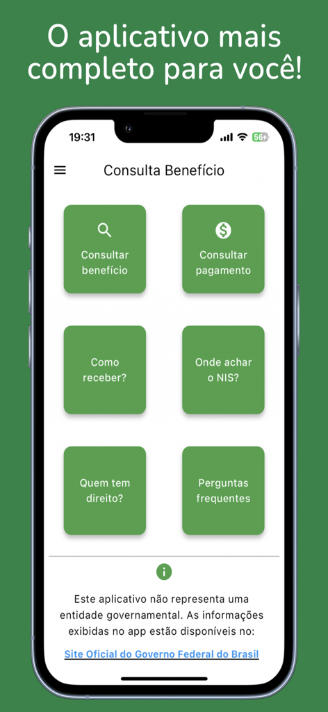 Main screen of the Bolsa Familia Consulta app showing various menu options like benefit and payment status