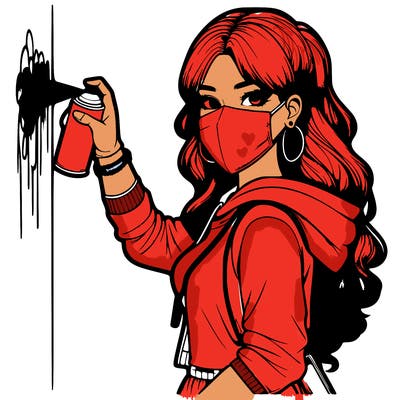 realistic girl with mask spray painting a wall