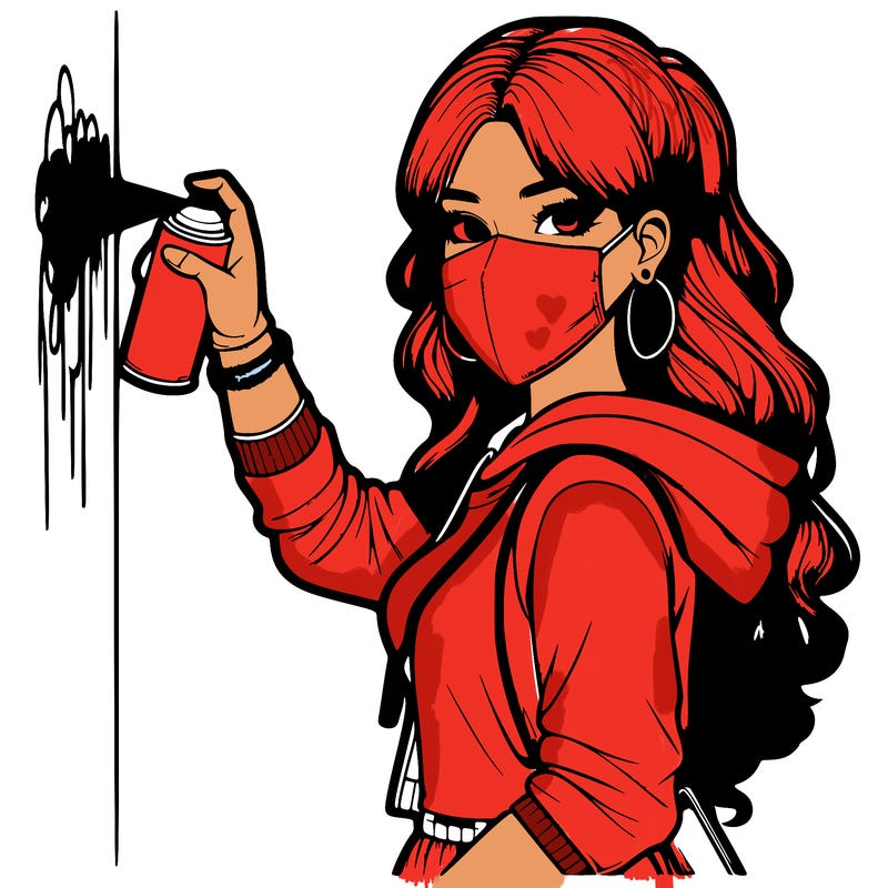 realistic girl with mask spray painting a wall