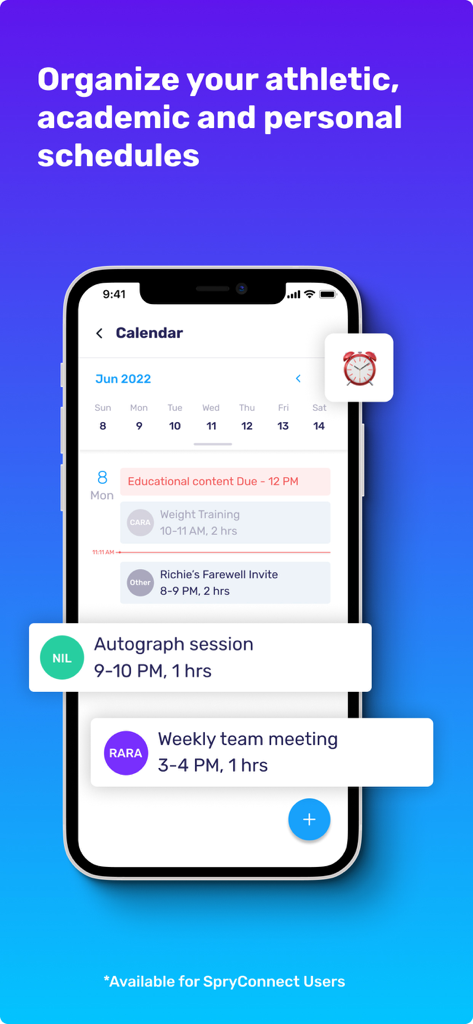 Spry+ - Spry app interface showing a student-athlete calendar with academic, athletic, and NIL activities organized in a daily view.