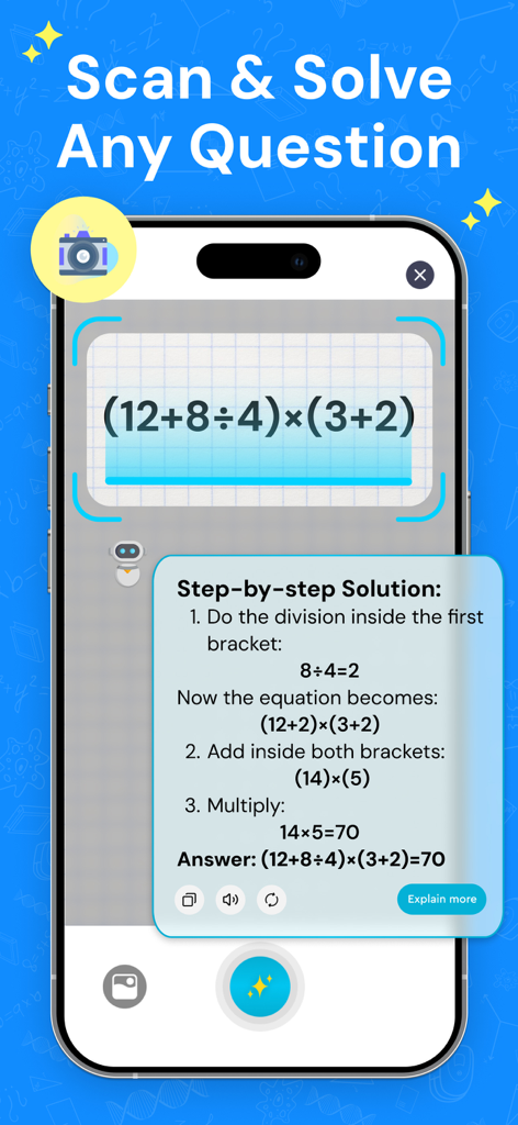 AI Math Solver: Do My Homework - 스캔된 방정식에 대한 단계별 수학 솔루션을 보여주는 스마트폰 화면