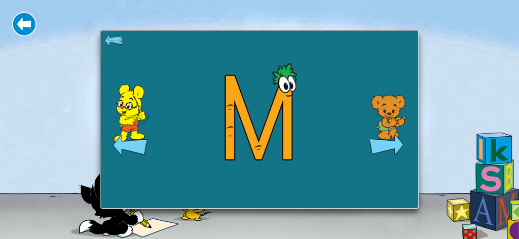 Bamses Skattkista - Educational screen from Bamses Skattkista app showing the letter M with cartoon characters and alphabet blocks