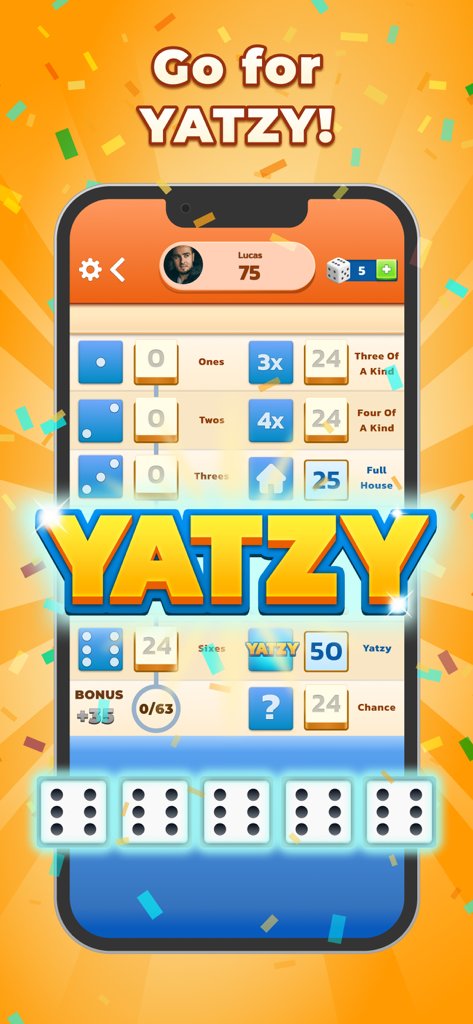 Yatzy - The Classic Dice Game - Capture d'écran d'une application mobile de Yatzy montrant un lancer gagnant de cinq six avec un tableau de scores et des confettis de célébration.