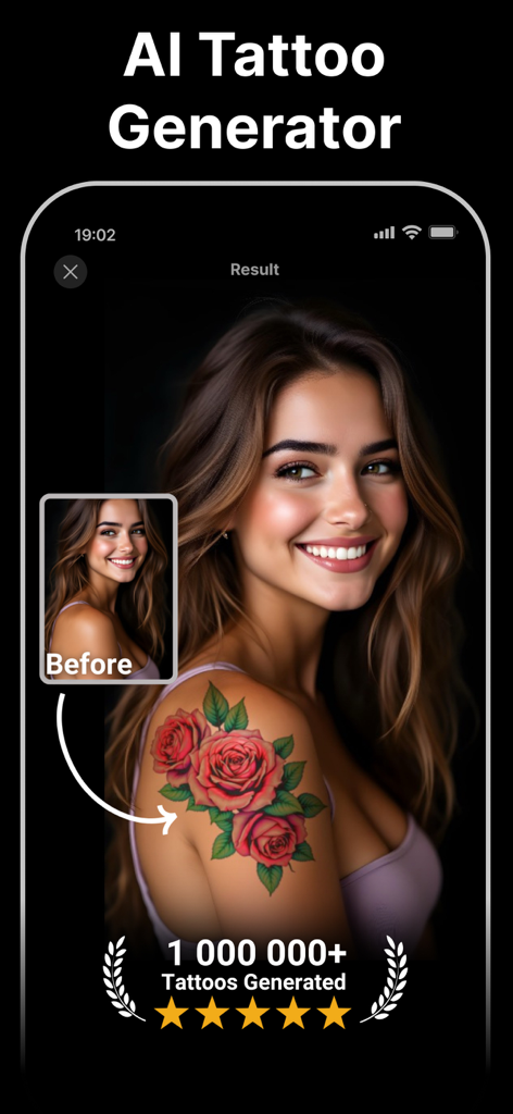 InkFusion AI app showing a realistic virtual try-on of a rose tattoo on a woman's shoulder
