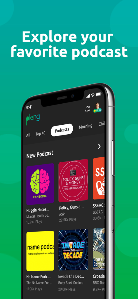 Smartphone display showing the Pleng app podcast section with a list of available shows.