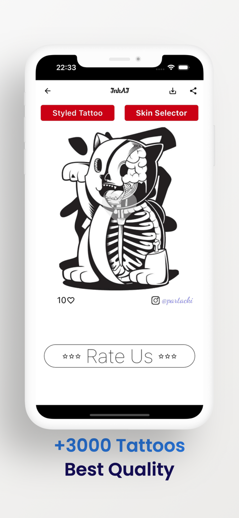 InkAI: Tattoo Designs Creator - InkAI App-Oberfläche, die ein schwarz-weißes Totenkopf-Design einer Katze mit Hautauswahl und gestylten Tattoo-Optionen anzeigt