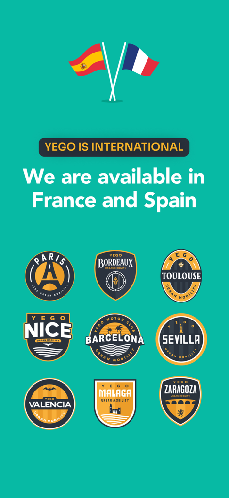 YEGO Mobility - Infographie montrant les villes disponibles pour YEGO Mobility en France et en Espagne, incluant Paris, Barcelone et Séville.