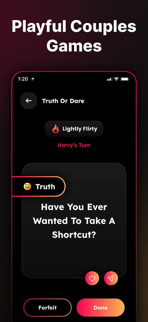 Couple Questions Games: SpicyQ - Interfaz de la aplicación SpicyQ que muestra una pregunta de Verdad o Reto para parejas bajo la categoría Ligeramente Coqueta.