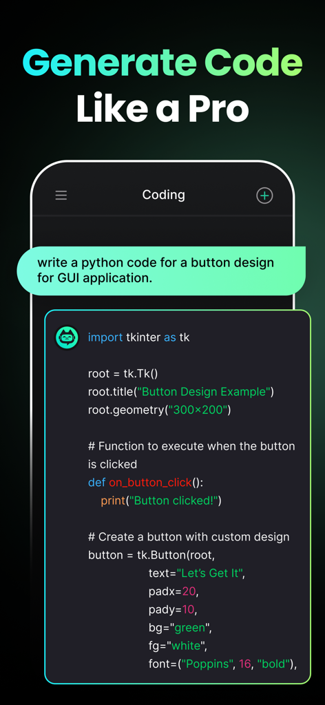 TutorCat - AI Homework Help - TutorCat app generating Python code for a GUI button
