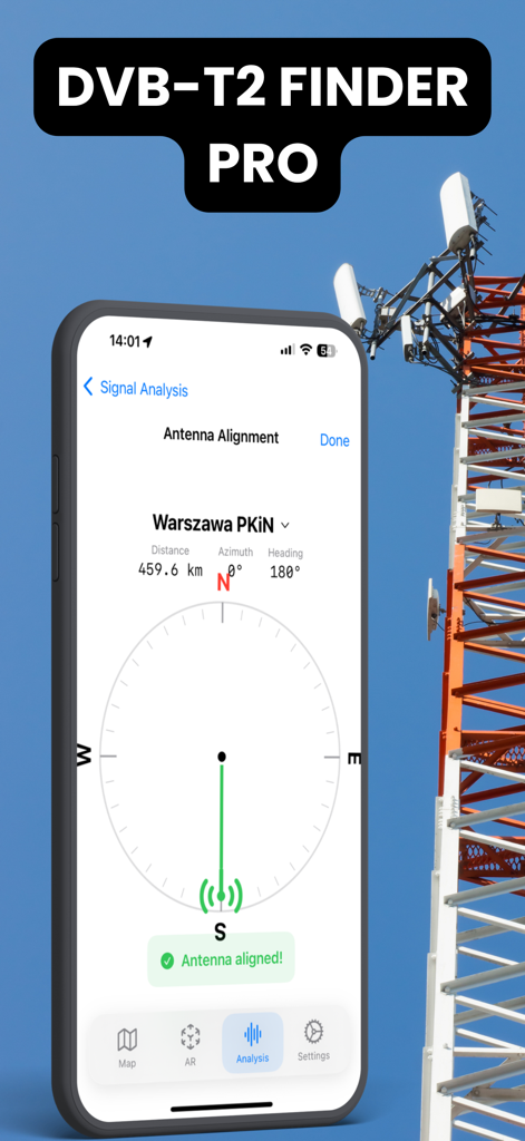 放送塔の隣にあるデジタルテレビアンテナアライメント用のコンパスツールを示すDVB-T2 Finder Proアプリインターフェイス