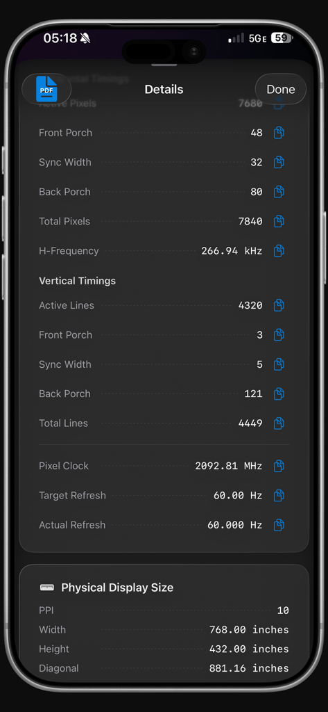 ResEditor app screen displaying video timing details and physical display size specifications