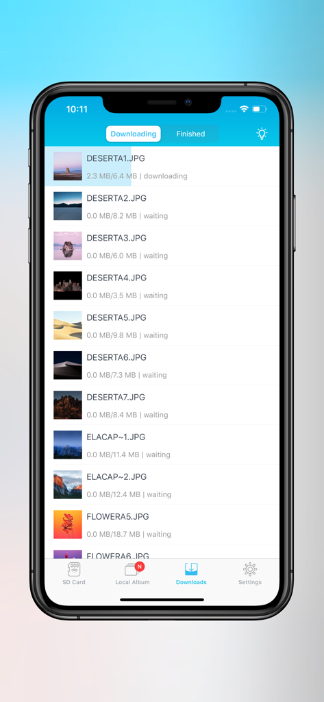 Batch download screen of ezShare Lite plus app showing photo transfer progress from a Wi-Fi SD card.