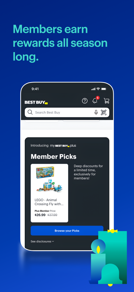 Best Buy mobile app screen featuring My Best Buy Plus member exclusive deals and rewards