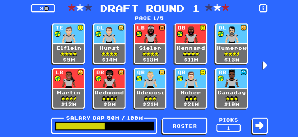 Retro Bowl - レトロボウル ドラフト1巡目の画面。スター評価とサラリーキャップの詳細を示すピクセルアートの選手カードが表示されている。