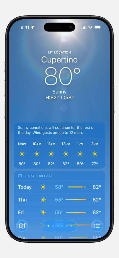 쿠퍼티노의 맑은 날을 보여주는 iPhone의 Apple 날씨 앱 인터페이스