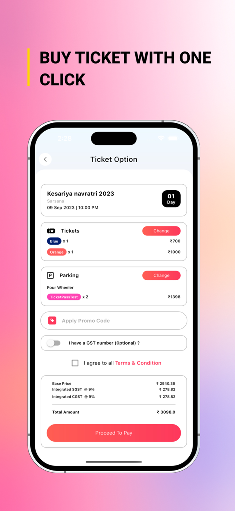 Mobile app interface for My Digi Event showing ticket selection, parking options, and a price breakdown for an event booking.