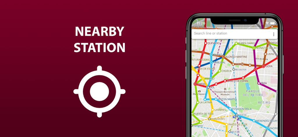 Teléfono inteligente que muestra la función de estaciones cercanas en un mapa de transporte público.