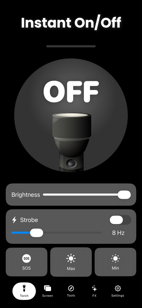 Flashlight - Bright LED Torch - Oberfläche der MorseTorch Taschenlampen-App mit einem großen Ein-/Ausschaltknopf sowie Helligkeits- und Stroboskopreglern