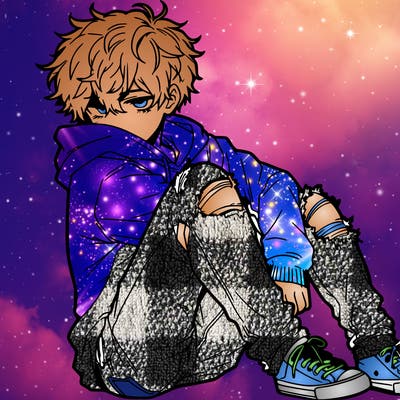 a male hoddie ripped jeans messy hair anime