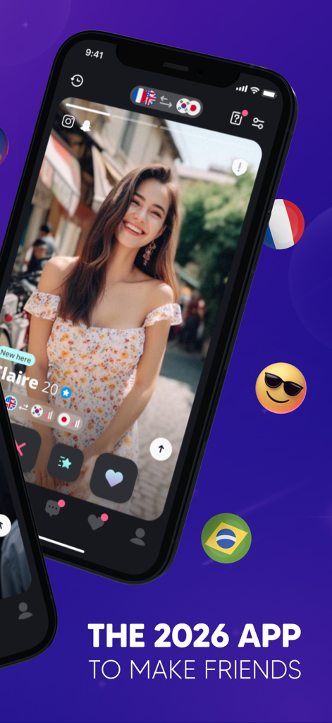 Moji – Korea & Japan Friends - Schermata dell'app Moji con un profilo utente e il testo L'app del 2026 per fare amicizia